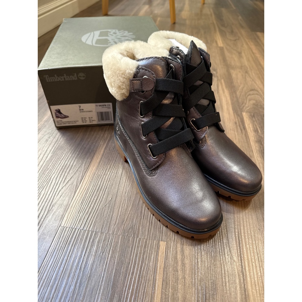 Timberland Jayne WP Convenience Boot Women 7 Grey Metallic Waterproof Fur Collar